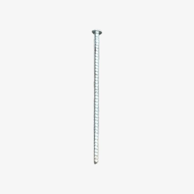 A metal ground spike, characterized by a long, slender body with a textured surface for increased grip. The spike has a flat head, making it easy to drive into the ground, commonly used for securing objects in outdoor settings, such as tents, signage, or fencing.