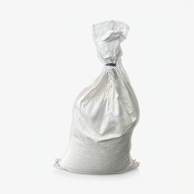 A white, tightly packed sandbag with a simple closure at the top, typically used for construction, flood defense, or weight purposes. The bag appears to be made of a durable, woven material, designed to hold sand or other heavy materials securely.